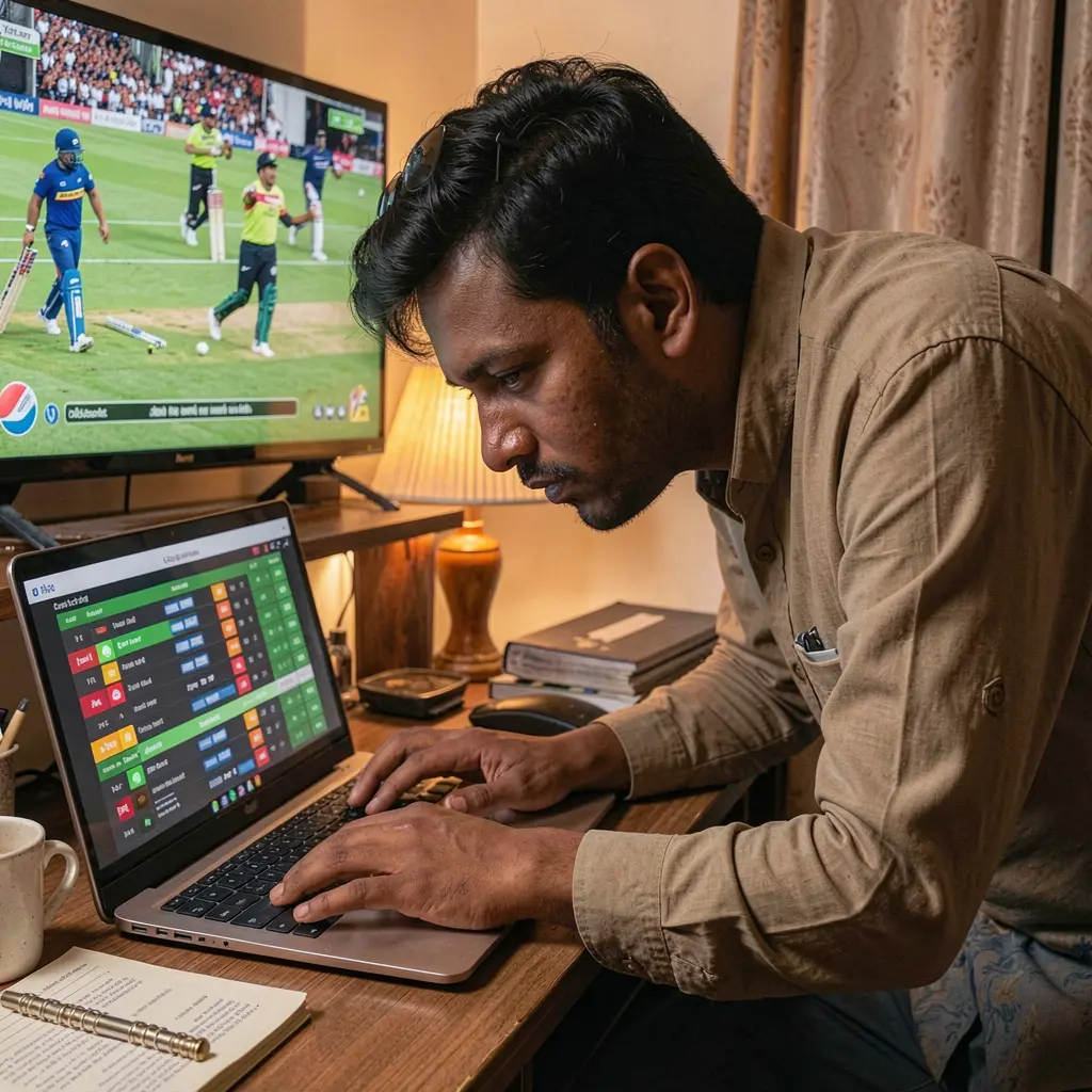 Focused Bangladeshi sports bettor reviewing live cricket odds on a laptop with AEC44 while watching match highlights on TV