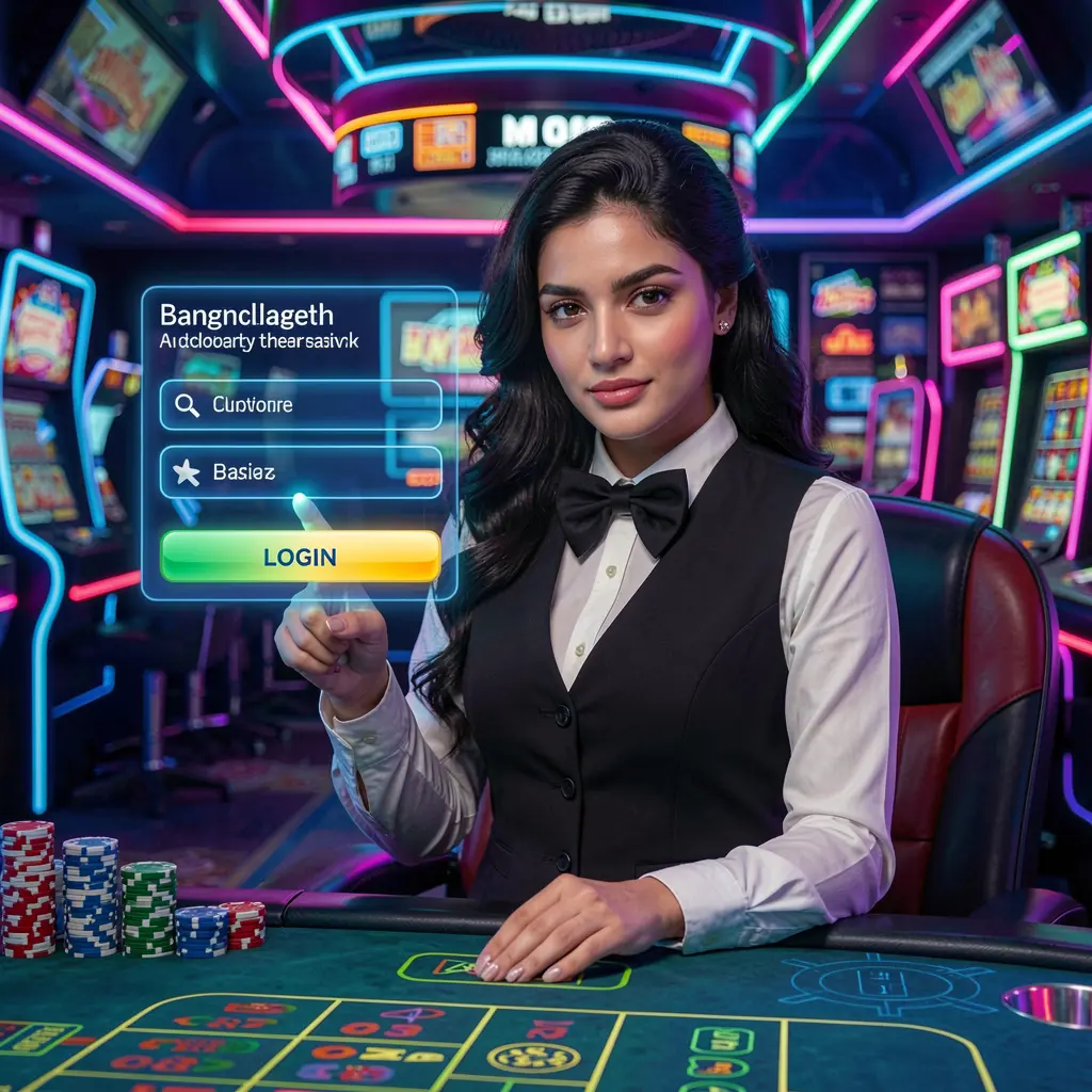 Professional Bangladeshi casino representative pointing at a digital login interface with neon lights reflecting the secure AEC44 platform